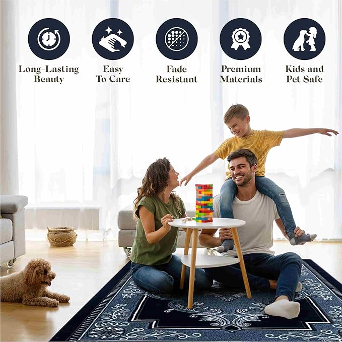 Modern 2x7 Navy Traditional Living Room Rug - Area Rugs for Living Room, Dining & Bedroom - Hand Carved Runner Carpet - Durable Polyester - Non-Fade, Stain-Resistant - Turkish Made