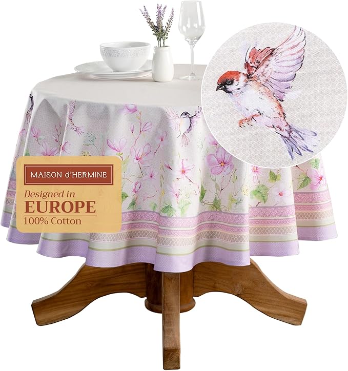 Maison d' Hermine Table Cloth Round Table 100% Cotton 69 Round Inches Tablecloth Reusable Decorative for Dining Room Farmhouse Home Valentines Day Decorations Spring Summer - Magnolia Mornings