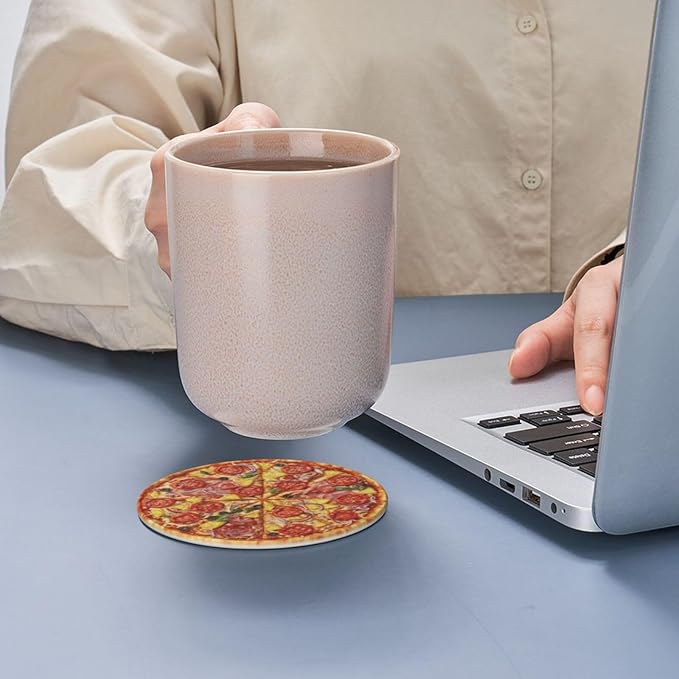 Pizza Coasters for Drinks with Holder Round Leather Coasters Set of 6 Cups Mugs Mat Pad for Home Kitchen Bar