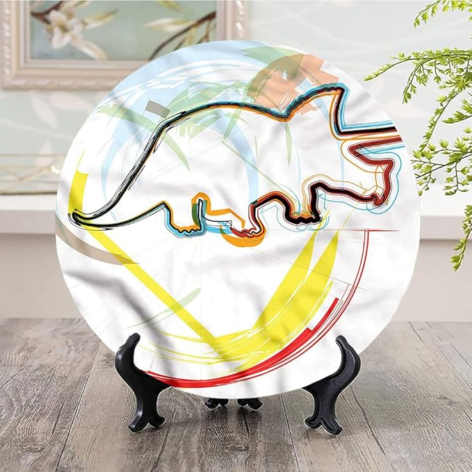 Decorative Plates, Dinosaur Print Ornament, Triceratops Sketch Lines, 6 Inch, Kitchen Wall Decor, Multicolor
