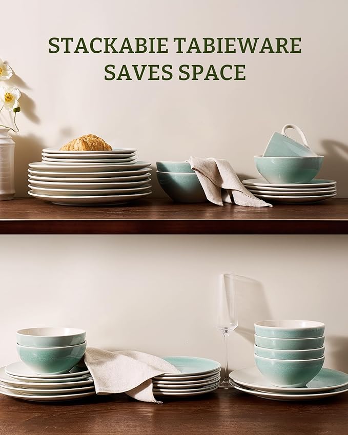 Famiware Glacier Dinnerware Sets, Plates and Bowls Dish Sets for 6 (18 Pieces), Stoneware Tableware - Dishwasher and Microwave Safe, Handcrafted Reactive Glaze, Aqua