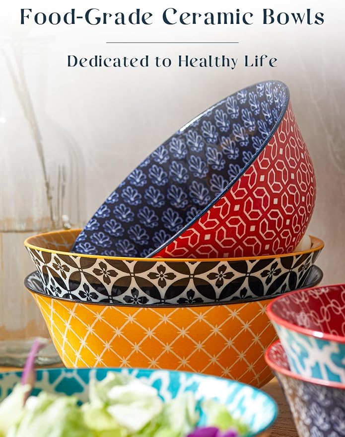 DOWAN Mosaian 33 OZ Large Bowl Set of 6 - Ceramic Deep Bowls for Ramen, Pasta, Salad - Vibrant Patterned Porcelain Bowls for Kitchen Decor & Housewarming Gift - Dishwasher & Microwave Safe