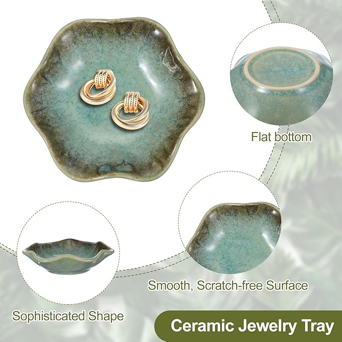 uxcell 2Pcs Ceramics Jewelry Plate, Lotus Leaf Shape Key Holder Bowl for Entryway Table Decor Small Ring Tray Dish Gift for Women Girlfriend, Grass Green/White