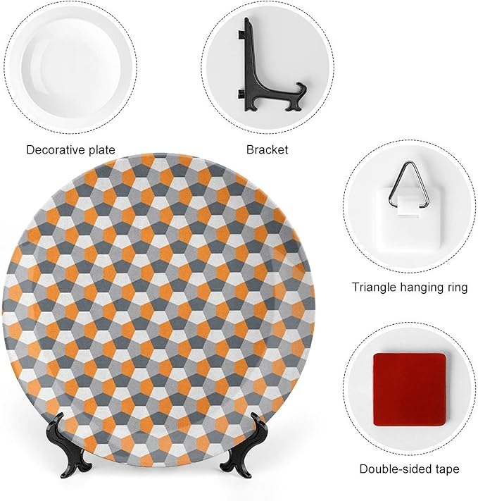 Ceramic Plates, Abstract Decorative Ceramic Plates, Modern Style Mosaic Tile with Hexagonal Shapes, 6 Inch, for Dining, Parties, Wedding, Grey Charcoal Grey Orange