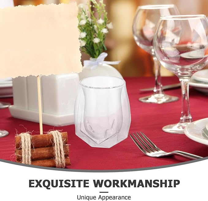 Double Layer Insulated Whiskey Glass with Unique Pentagonal Base, Small European Style Ribbed Glassware for Home Bars and Friendsgiving Cocktails