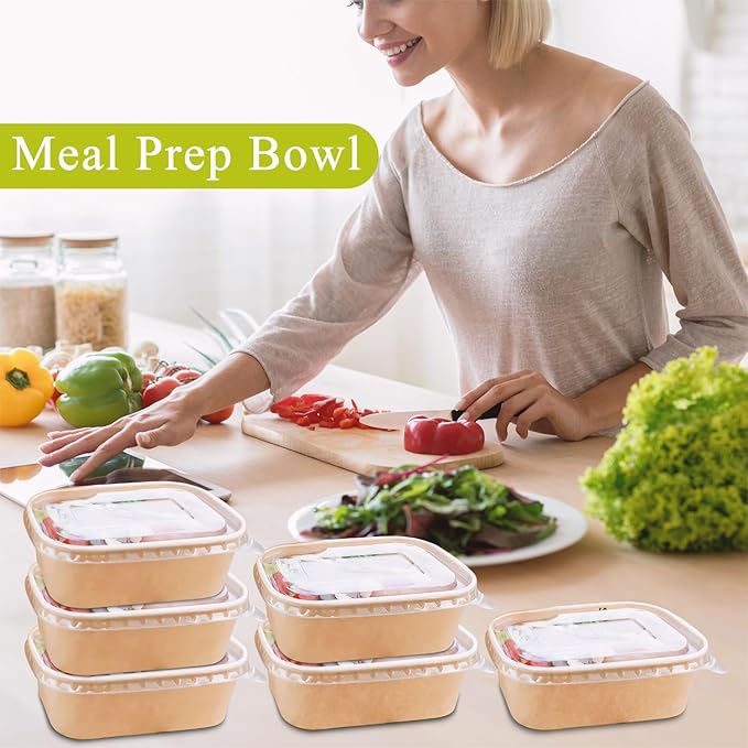 50-Pack 34oz Kraft Paper Bowls Disposable with Lids and Wooden Forks, Disposable Meal Prep Containers Paper Food Prep Containers with Lids, To Go Container for Hot Soup/Salad, Freezer & Microwave Safe