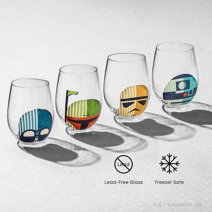 JoyJolt Star Wars™ Helmet Hues Tumblers Stemless Glasses. Set of 4 Large 19oz Glass Drinking Glasses, Wars Kitchen Gifts and, Collectibles for Adults, HH681