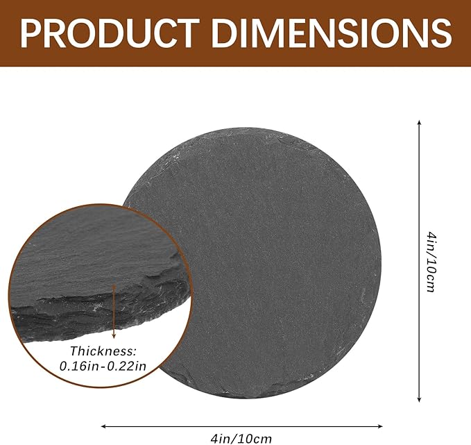 12 PCS Black Natural Slate Coasters Bulk Set 4 Inch Laser Engraving Blanks with Anti Scratch Bottoms for Home, Office, Bar, Gifts Round Coasters