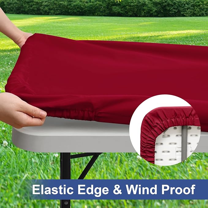homing 2 Pack Rectangle Table Cloth, Elastic Fitted Fabric Tablecloth Fits for 4 Foot Folding Tables, Washable Table Cover for Picnic, Camping, Indoor & Valentine's Day (Wine Red, 30" x 48")