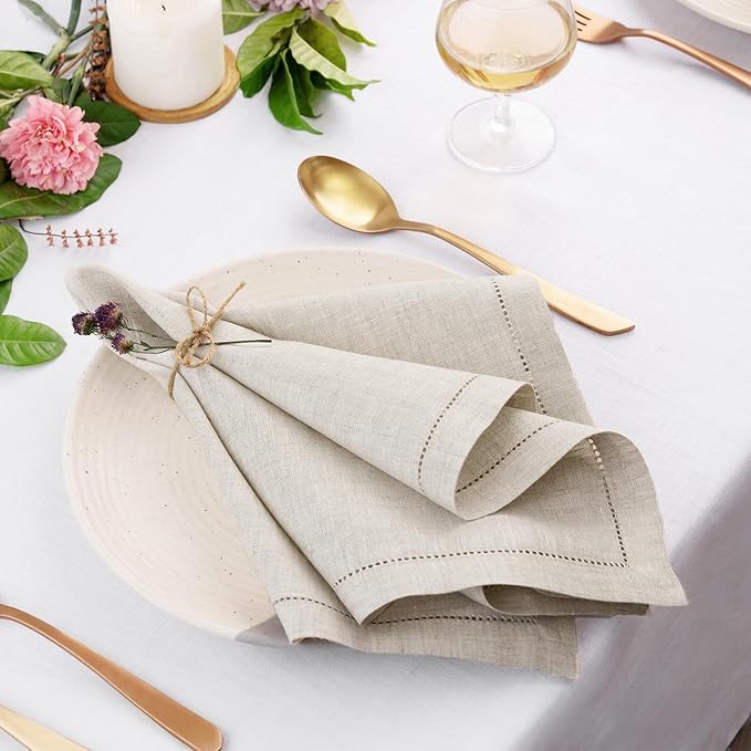 D'Moksha Homes Light Natural Linen Napkins Set of 4 - Classic Hemstitch 100% Pure Linen Hemstitch Dinner Napkins 20 x 20 Inch for Valentines, Spring, Easter - Handcrafted and Machine Washable