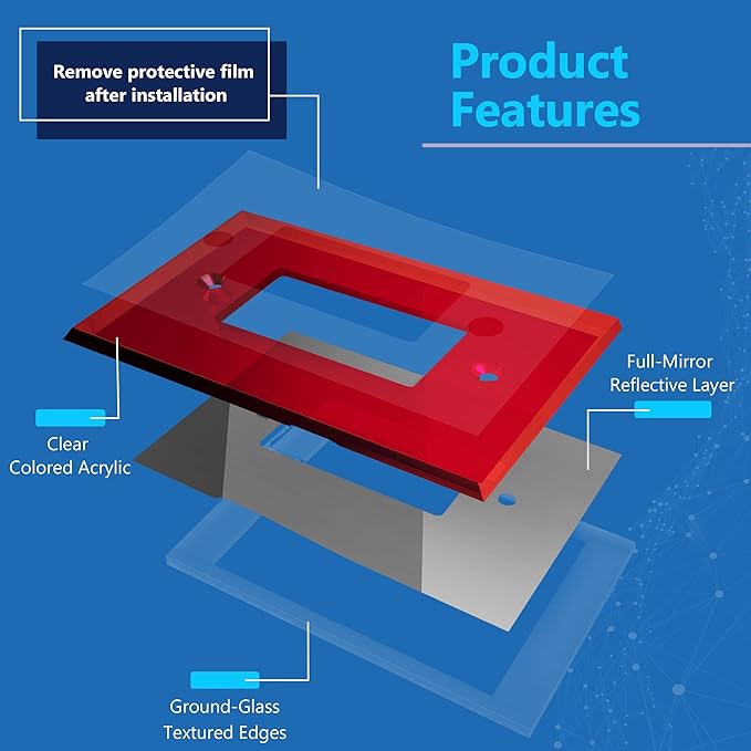 LIDER Reflective Acrylic Decorator Wall Plate, Mirrored Light Switch Plate, Plexiglass Outlet Cover, Acrylic Glass, Oversized 1-Gang 5.25" x 3.44", LWP-31O-ARD5P, Red, 5 Pack