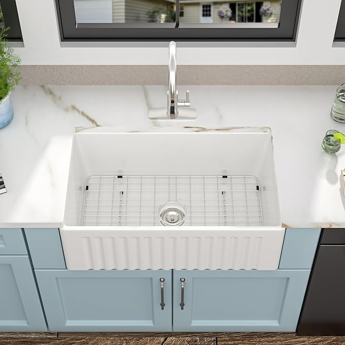 30"x18" White Farmhouse Kitchen Sink – Reversible Apron Front Fireclay Single Bowl Farm Sink, White Ceramic Porcelain Farmer Style Basin
