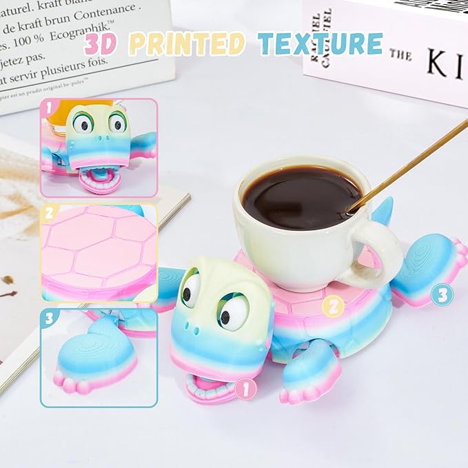 3D Printed Funny Turtle Coasters - Colorful Wacky Turtle Coaster Stress Relief Toys, Desktop Decorations for Home, Office, Party, One Piece (Elegant Iridescent)