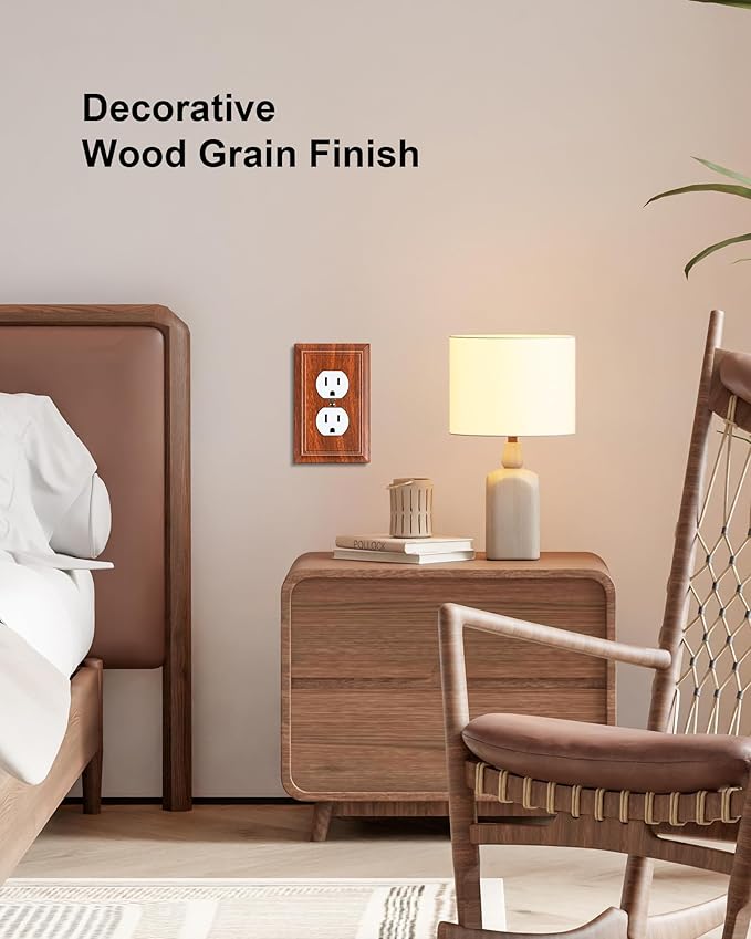 6-Pack Duplex Outlet Cover Plate, Decorative Wood Grain Switch Plates and Outlet Covers, Natural Bamboo Fiber Wall Plates for Electrical Outlets, 1 Gang Receptacle Cover, Corrosion Resistant
