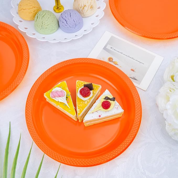 WELLIFE Orange Party Plates 7 Inch -150 Count, Disposable Plastic Dessert Plates for Party Easter Cake Appetizers Salad Picnic BBQ Wedding Engagement Birthday