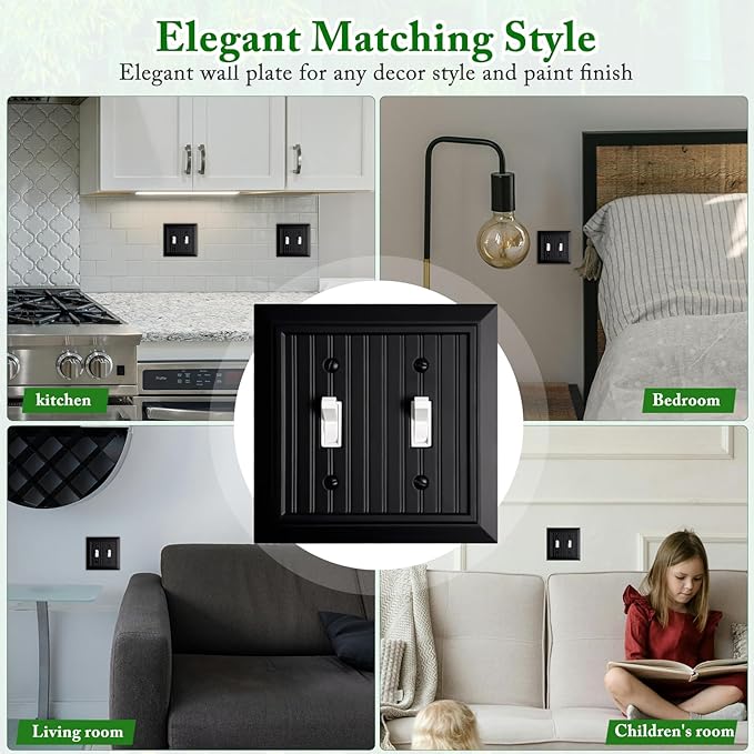 Beadboard Outlet Covers Wall Plates, Bamboo Fiber Light Switch Covers, Natural Material Electric Receptacle Decorative Switch Plate Outlet Cover Matte Black (2 Gang Toggle 2 Pack)