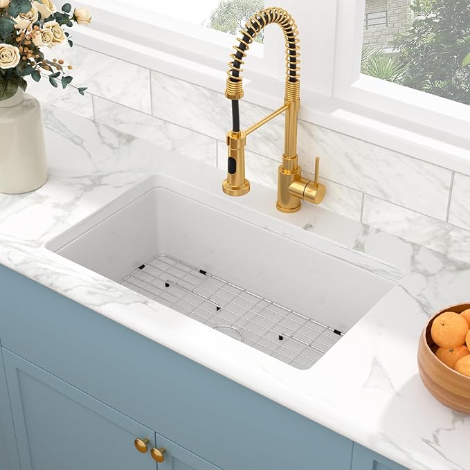 Sarlai 32 Inch White Undermount Sink Fireclay 32x19 Inch White Kitchen Sink Dual Drop in & Undermount Kitchen Sink Single Bowl Deep Porcelain Ceramic Sink
