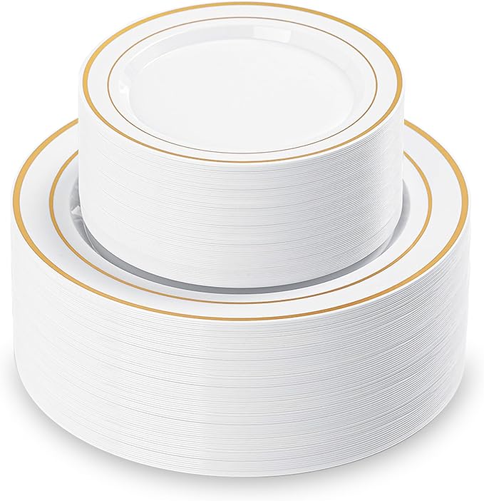 200PCS White Plastic Plates with Gold Rim, Disposable Heavy Duty Plastic Plate, 100 Dinner and 100 Dessert Plates for Party and Wedding