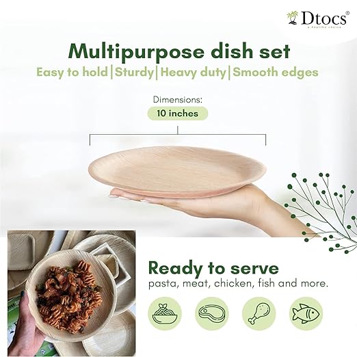 Dtocs Palm Leaf Plates 10 Inch Round (100) | Bamboo Plates Disposable Like Compostable Dinnerware Set for Party, Dinner, Serving Platters, Charcuterie Boards | Alternate to Plastic, Wood, Paper Plate
