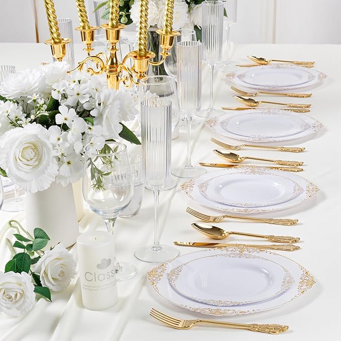 102PCS White and Gold Plastic Plates - Heavy Duty Gold Disposable Plates Include 51PCS 7.5inch Dessert Plates, 51PCS 10.25inch Dinner Plates for Wedding & Parties
