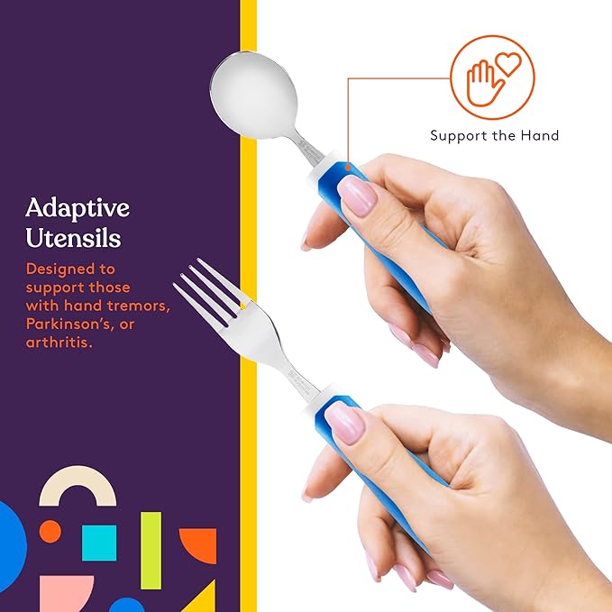Special Supplies Adaptive Utensils 5-Piece Set Non-Weighted, Non-Slip Handles for Hand Tremors, Arthritis, Parkinson’s or Elderly Use - Stainless Steel Knife, Rocker Knife, Fork, Spoons - Blue