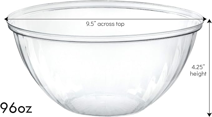 PLASTICPRO Disposable 96 Ounce Round Crystal Clear Plastic Serving Bowls, Party Snack or Salad Bowl, Chip Bowls, Snack Bowls, Candy Dish, Salad Container Pack of 8