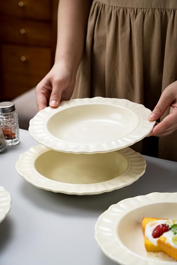 Ceramic Soup Bowls 8.6 in, Pasta Bowls & Plates, Cream color Floral-Embossed Wide Rim Shallow Bowls Set of 2, Italian Carving Design, Matte Finish Porcelain, Microwave & Dishwasher Safe