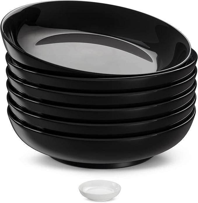 KooK Pasta Bowls Set of 6, Salad Bowl, Large, Ceramic, Microwave and Dishwasher Safe, Great for Soups and Salads, Shallow Serving Bowls, Glossy Porcelain, 32 oz, (Black)