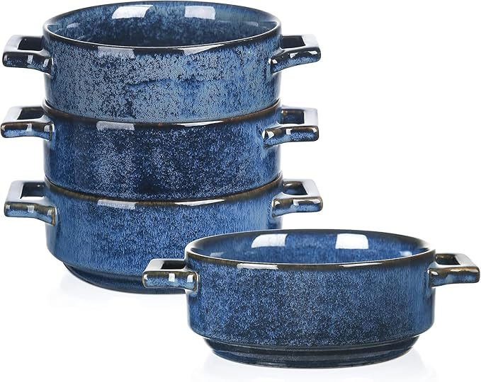 vicrays Ceramic Soup Bowls with Handles, 24 Oz Porcelain Soup Crocks for French Onion Soup, Cereal, Beef Stew, Chill, Pasta, Pot Pies, Microwave and Oven Safe, Set of 4 (Blue)