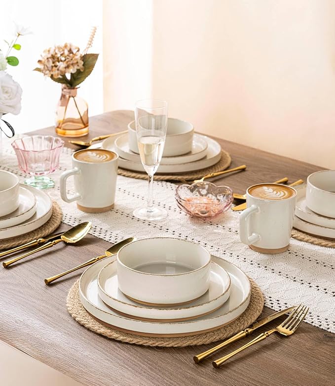 AmorArc Ceramic Dinnerware Sets for 4, 12 Pieces Handpainted Plates and Bowls Set with Rustic Terracotta Underside, Scratch Resistant Stoneware Dishes Set, Dishwasher & Microwave Safe