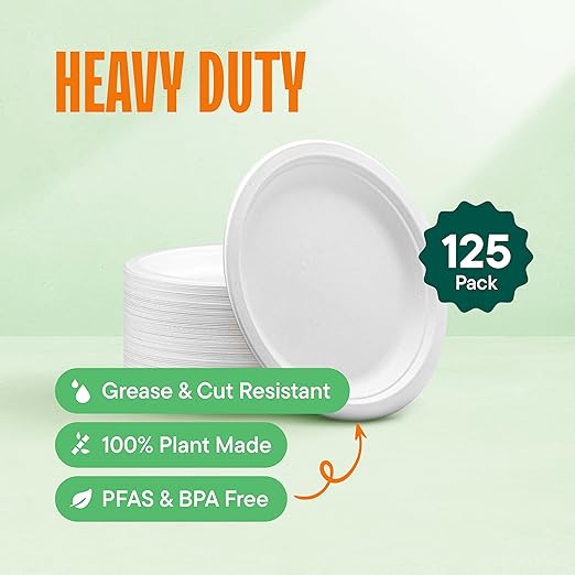 Stack Man 100% Compostable Small Paper Plates 7 Inch Heavy-Duty [125-Pack] Eco-Friendly White Bagasse Disposable Dessert Cake Plates - 7" Biodegradable Plate (BPI-Certified) (PFAS-Free)