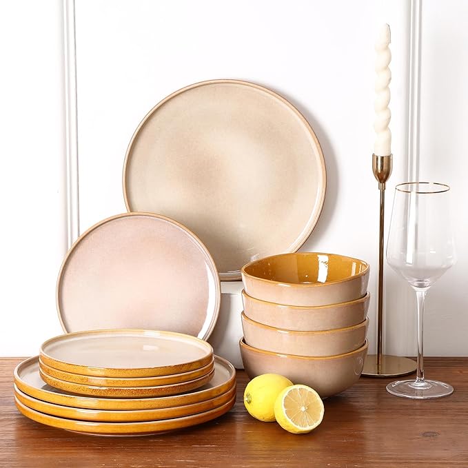 vicrays Ceramic Salad Plates Set - Porcelain 8 Inch Flat Dessert Appetizer Plate for Lunch Home Party Restaurant - Scratch Resistant Microwave Oven and Dishwasher Safe - Set of 6 (Beige)