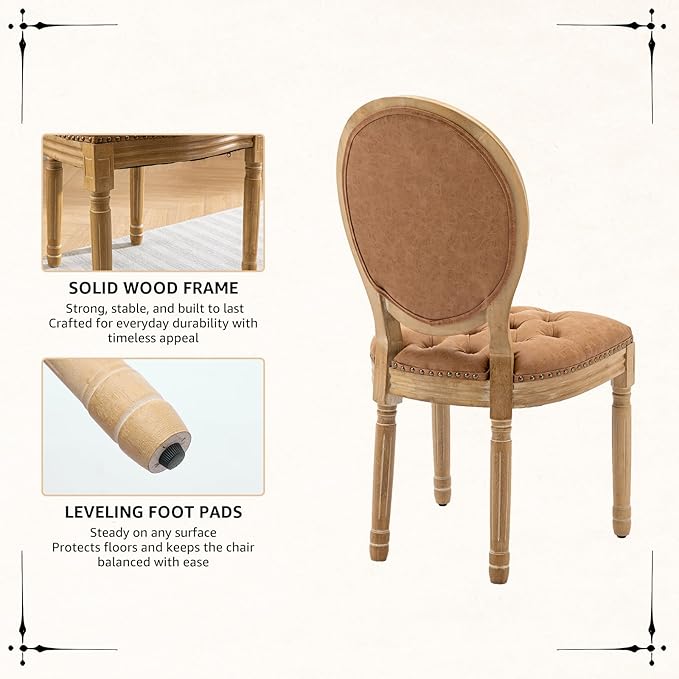 Vintage French Dining Chairs Set of 2, Round Back PU Leather Upholstered Accent Chairs with Nailhead Trim and Solid Wood Frame, Farmhouse Sillas de Comedor for Dining Room & Kitchen, Whiskey Brown