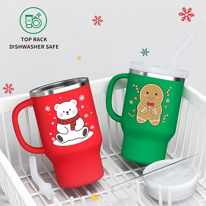 Bella's Friends Christmas Mini Tumbler- 9 0z Toddler Sippy Cup, Flexible Straw, Stainless Interior & Silicone Body, Birthday Gift for 1-3 Years Old Girls & Boys, Gingerbread Man & Polar Bear (2 Pack)
