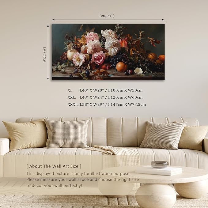 ADJUVANT Wall Art Vintage Floral And Fruit 48" L x 24" W, Peonies With Grapes And Citrus Canvas Painting Prints Graceful Botanic And Fruity Wall Decor for Living Room Bedroom Dining Room Home Office
