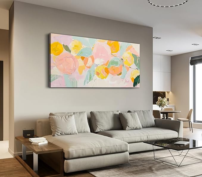 ADJUVANT Wall Art Impressionist Colorful Floral 60"L x 30"W, Bright Blooms With Pastel Leaves Canvas Painting Lively Petals Artwork Prints Floral Wall Decor for Living Room Bedroom Dining Room Home Office