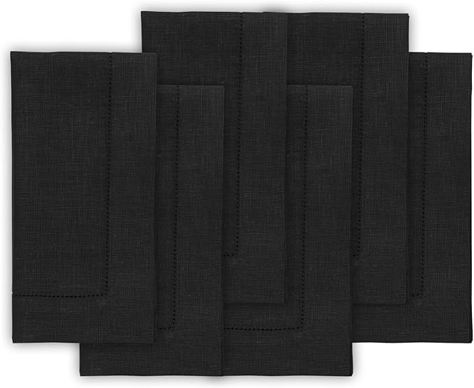 Solino Home Black Linen Napkins Set of 6-100% Pure Linen Hemstitch Dinner Napkins 20 x 20 Inch for Winter, Spring, Easter - Classic Hemstitch
