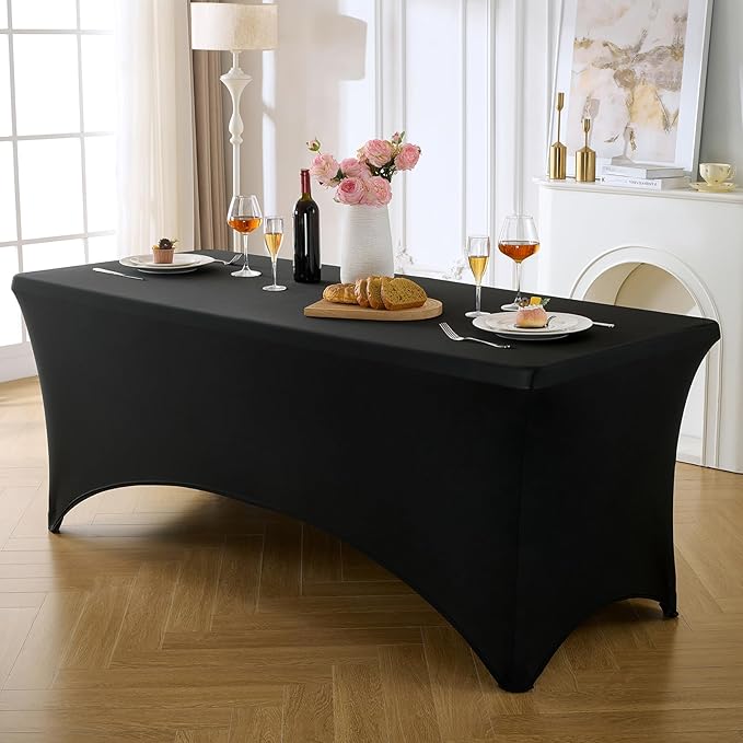 VidaFete Spandex Tablecloth 2 Pack 8FT, Fitted Stretch Table Cover for Rectangle Tables, Wrinkle Resistant and Washable Tablecloths for Outdoor, Picnic, Party, Wedding, Banquet, Birthday, Black