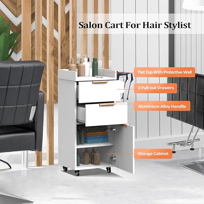 OmySalon Salon Cart with Wheels, 3-Tier Rolling Hair Styling Station, 2 Drawers & Adjustable Shelf, Hair Dryer Holder, Mobile Organizer for Salon, Barber, Spa, Nail & Beauty Tools, White