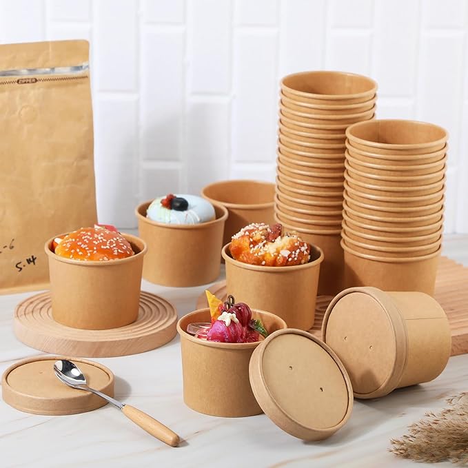 Fulmoon 100 Pack Paper Soup Containers with Lids Disposable Paper Food Containers with Vented Lid Kraft Ice Cream Cake Dessert Cups Soup Bowl for Party Hot Food Fruit Microwave(12 oz,Brown)