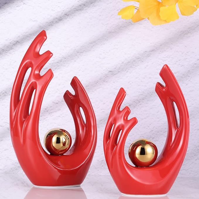 LCCCK 12" H Red Gold Aesthetic Room Decor Accent, TV Stand Funky Table Centerpiece, Abstract Art Ceramic Statue and Sculpture, Red Decor for Living Room, Bookshelf Decorative Objects, Shelf Decor