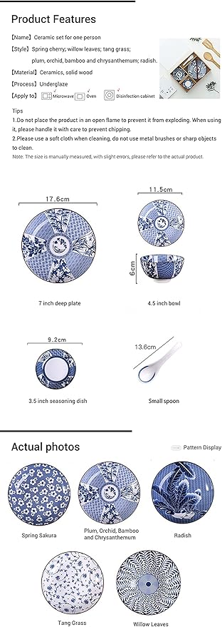 Gegong Blue and White Porcelain Dinnerware Set, Dishes, Bowl, Spoon, Chopsticks, Service for 1, Colorful Glazed Ceramic Set, Gift Box Packaging (Spring Sakura)