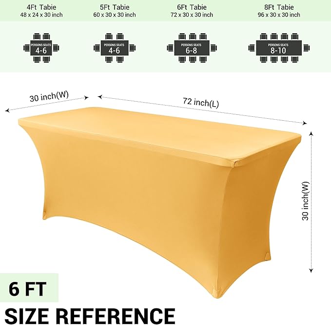Obstal 6 Pack Spandex Stretch Table Covers for 6 Foot Tables - 6 FT Rectangular Fitted Tablecloth Protector for Wedding, Banquet, Party (Gold, 72'' Length x 30'' Width x 30'' Height)