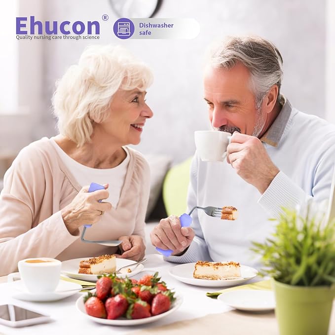 Adaptive Utensils Angled Knife and Fork for Hand Tremors Parkinsons,Weighted Utensils with Non-Slip Easy Grip Handles for Independent Eating (1pcs Bent Knife+1pcs Fork,Purple,Right Hand)