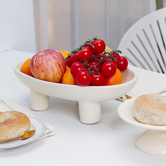 Luxurious Fruit Bowl Three-Legs Ceramic Fruit Bowl for Kitchen Counter, 10 Inch Fruit Basket Decorative Candy Bowl for Table Décor, Oval Large Bowls Key Bowl Home Table Décor (Crème 10 Inch)