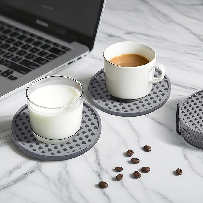 Coasters for Drinks, Silicone Coasters Set of 12 with ABS Holder, Outdoor Coaster for Coffee Table, Non-Slip Rubber Table Cup Mat Desk, Heat Resistant & Scratch-Proof (Grey)