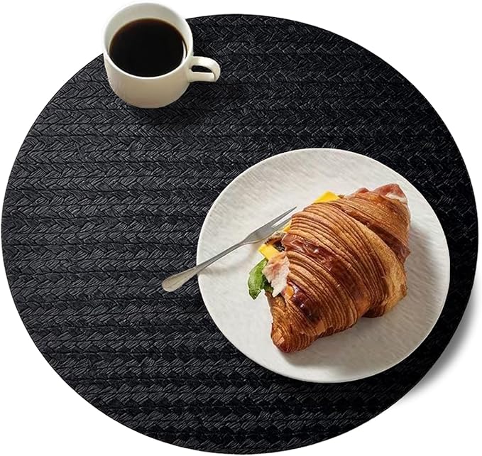 PIGCHCY Round 15" Water-Resistant Placemats Set of 6, Premium Faux Leather Placemats PVC Easy Clean Table Mats for Hotels Outdoor Dining, Wedding Decor (Black)