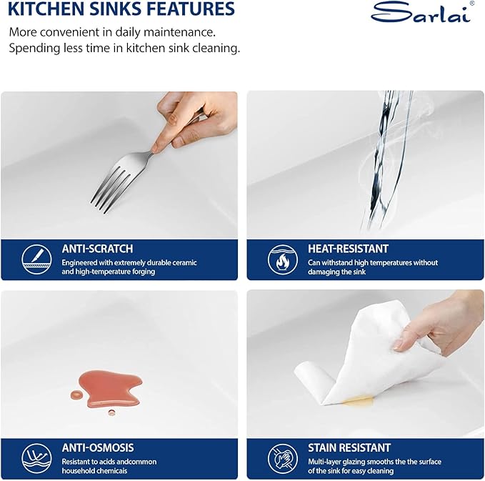 Sarlai 33 White Farmhouse Kitchen Sink Double Bowl - 33x20 Inch Apron Front Kitchen Sink Workstation Reversible Undermount Ceramic Fireclay Farmer Sinks Basin With Gold Accessories