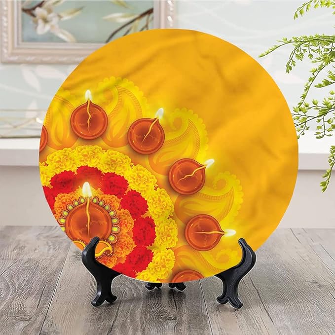 Decorative Plates, Diwali Print Ornament, Flowers Diwali Festive, 6 Inch, Kitchen Wall Decor, Multicolor