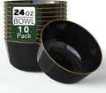Trendables Plastic Bowls Disposable Bowls 24 Oz Bowl Set Of 10 Black Gold Rimmed Fancy Plastic Serving Dishes Perfect for Parties and Events Disposable Candy Bowl